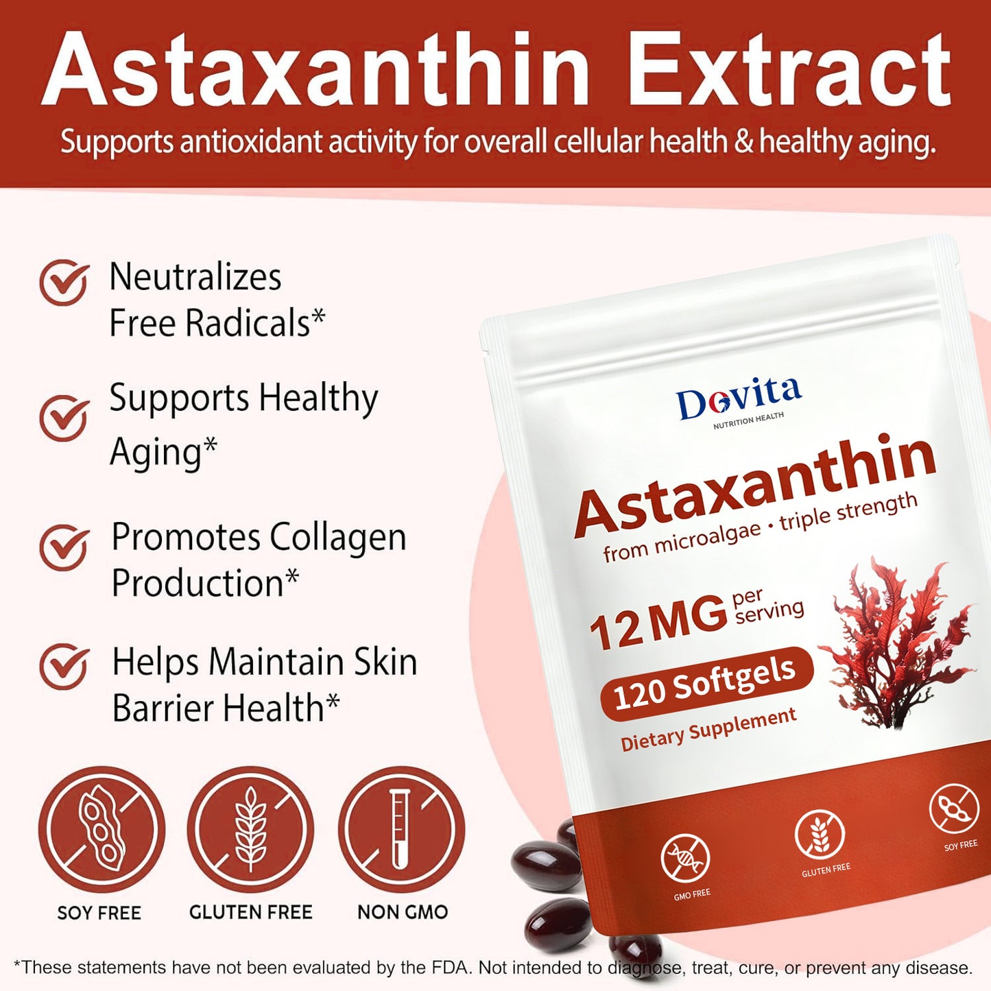 Astaxanthin Soft Capsules for Antioxidant & Skin Health Support, Natural Haematococcus Pluvialis Astaxanthin, UV Protection & Anti-Aging, Eye Health & Exercise Recovery, Sugar-Free Premium Supplement, OEM/ODM