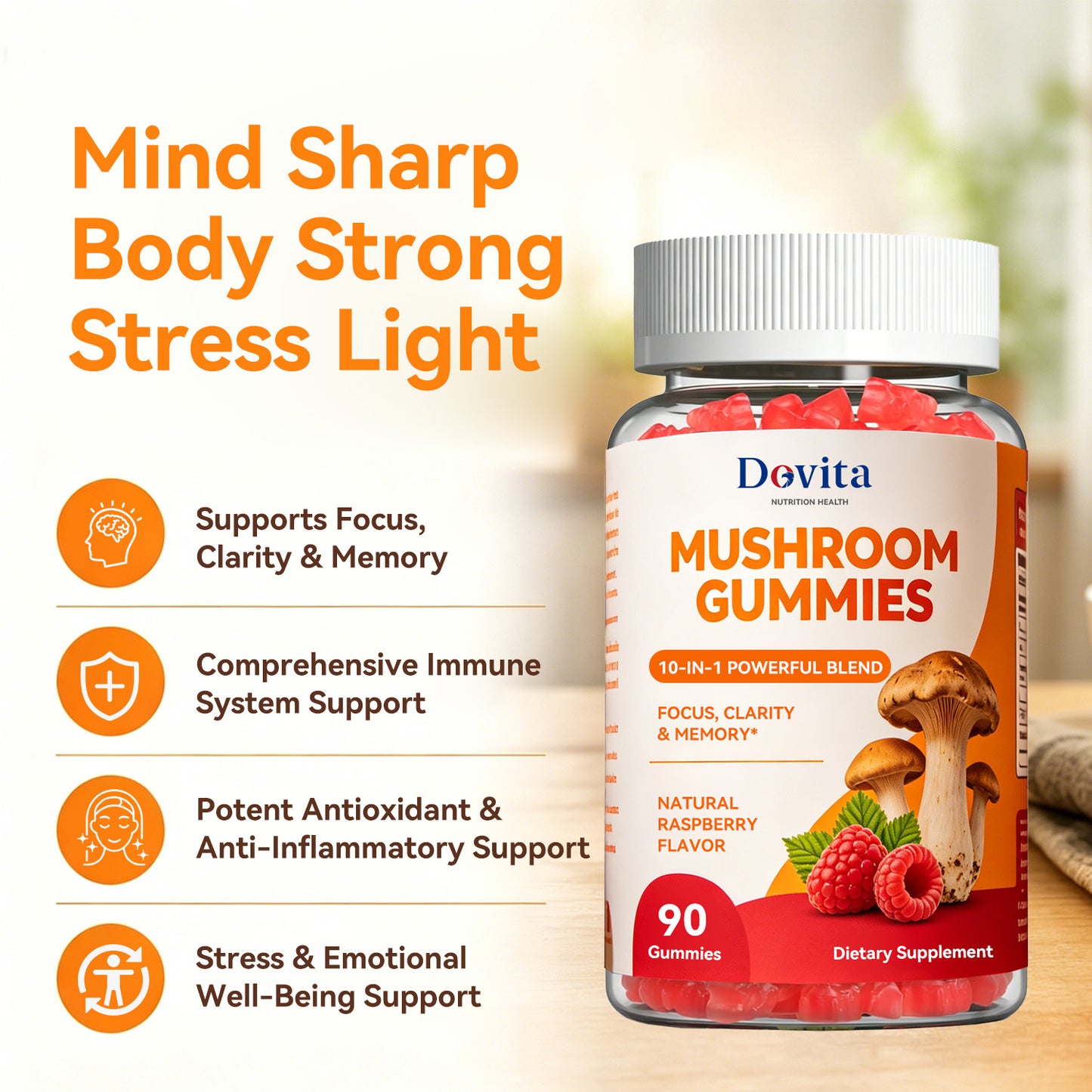 Mushroom Gummies for Immune Support, Focus & Daily Vitality, Lion’s Mane, Reishi & Cordyceps, Adaptogenic Brain & Energy Boost, Sugar-Free Functional Supplement, Fast-Acting Formula, OEM/ODM