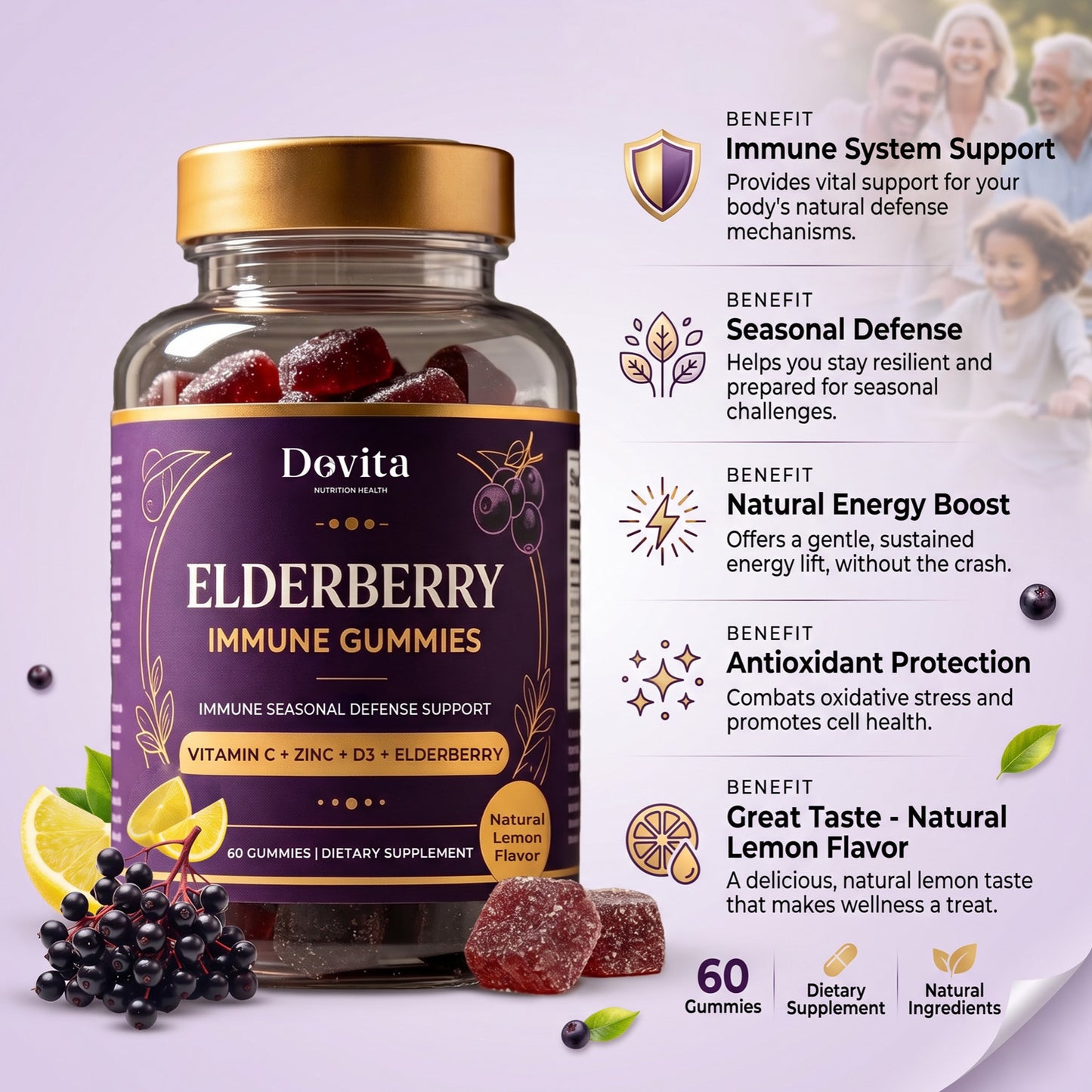 Elderberry Gummies for Immune Seasonal Defense Support, Vitamin C + Zinc + D3 + Elderberry Extract, Antioxidant & Respiratory Health, Sugar-Free Immune Supplement, Natural Lemon Flavor, OEM/ODM