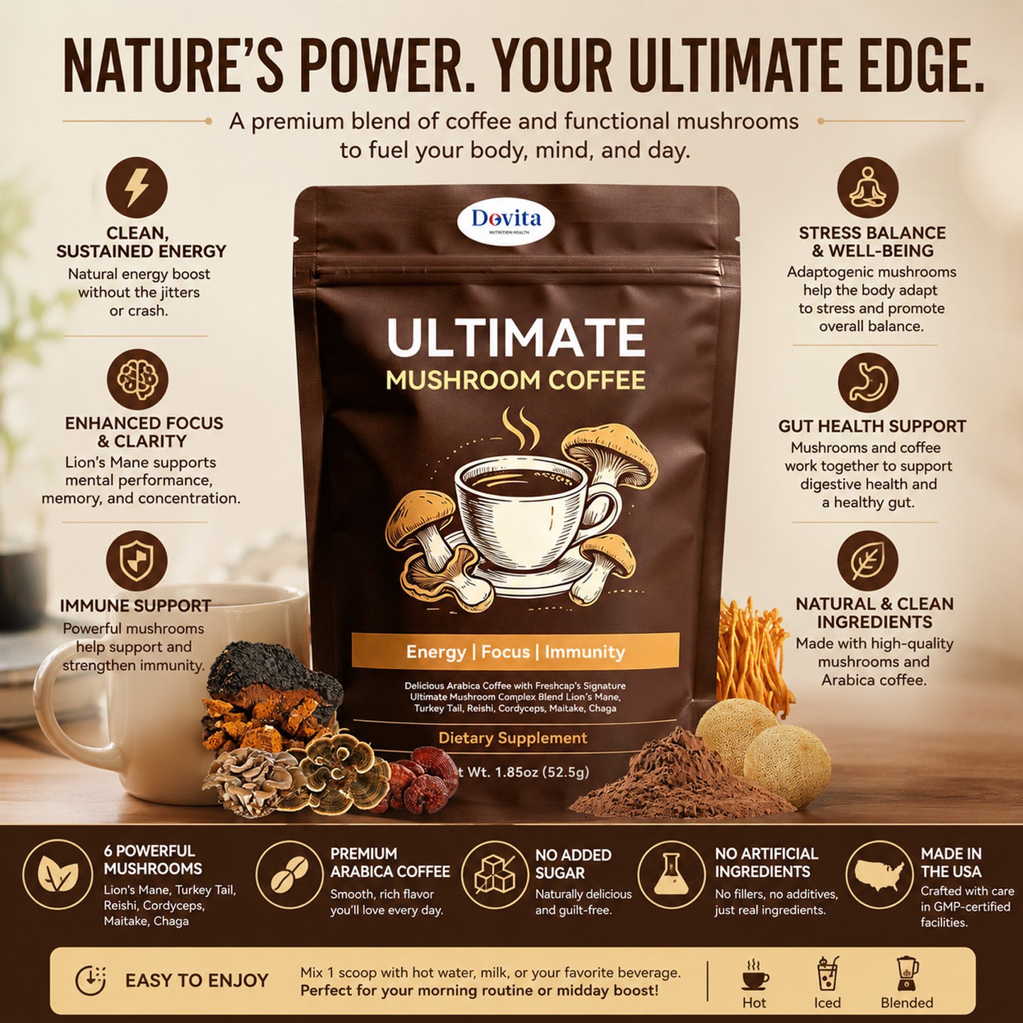 Ultimate Mushroom Coffee Powder for Energy, Focus & Immunity Support, Lion’s Mane, Reishi, Cordyceps & Chaga Blend, Organic Arabica Coffee with Functional Mushrooms, Delicious Daily Mushroom Coffee, Sugar-Free Adaptogenic Supplement, OEM/ODM