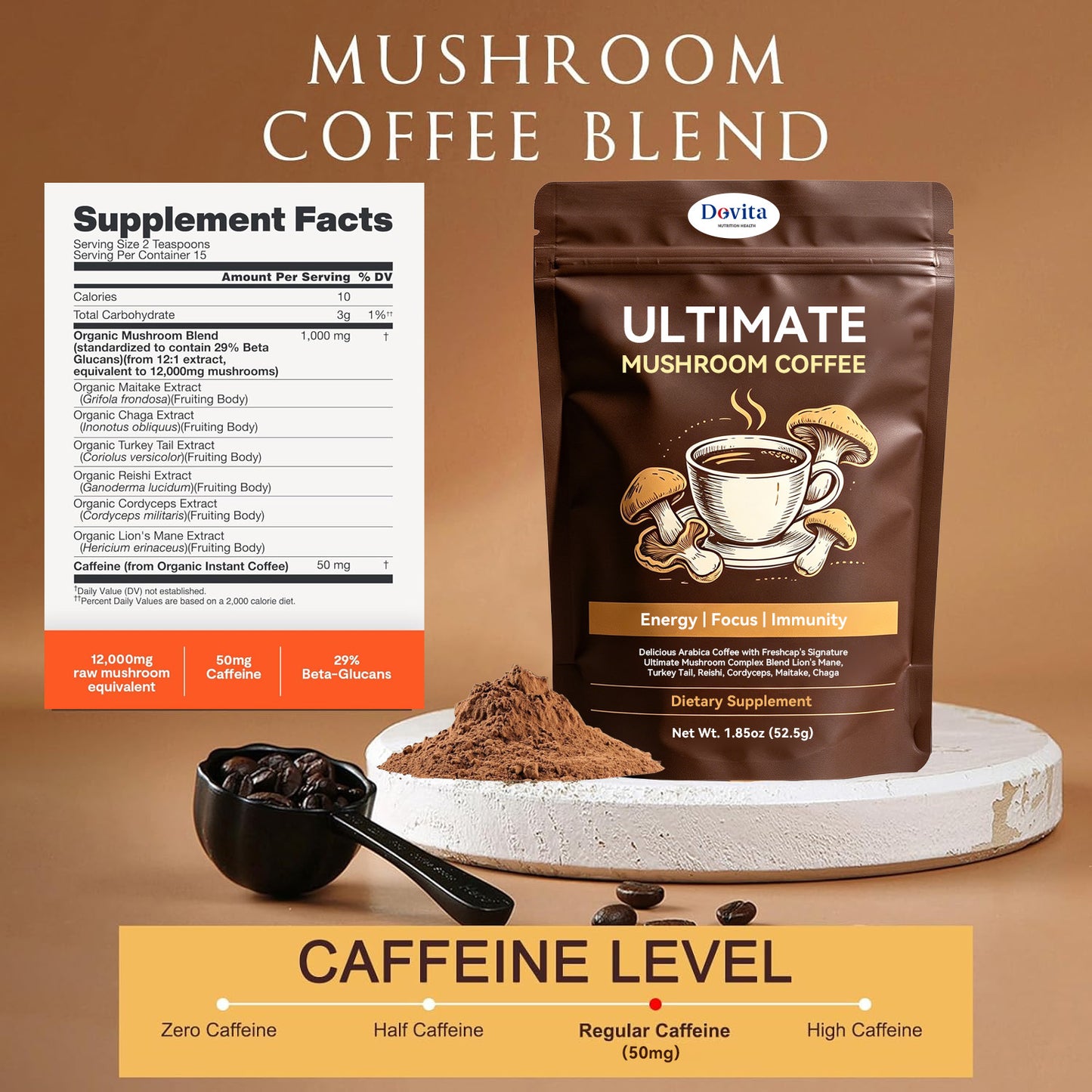Ultimate Mushroom Coffee Powder for Energy, Focus & Immunity Support, Lion’s Mane, Reishi, Cordyceps & Chaga Blend, Organic Arabica Coffee with Functional Mushrooms, Delicious Daily Mushroom Coffee, Sugar-Free Adaptogenic Supplement, OEM/ODM