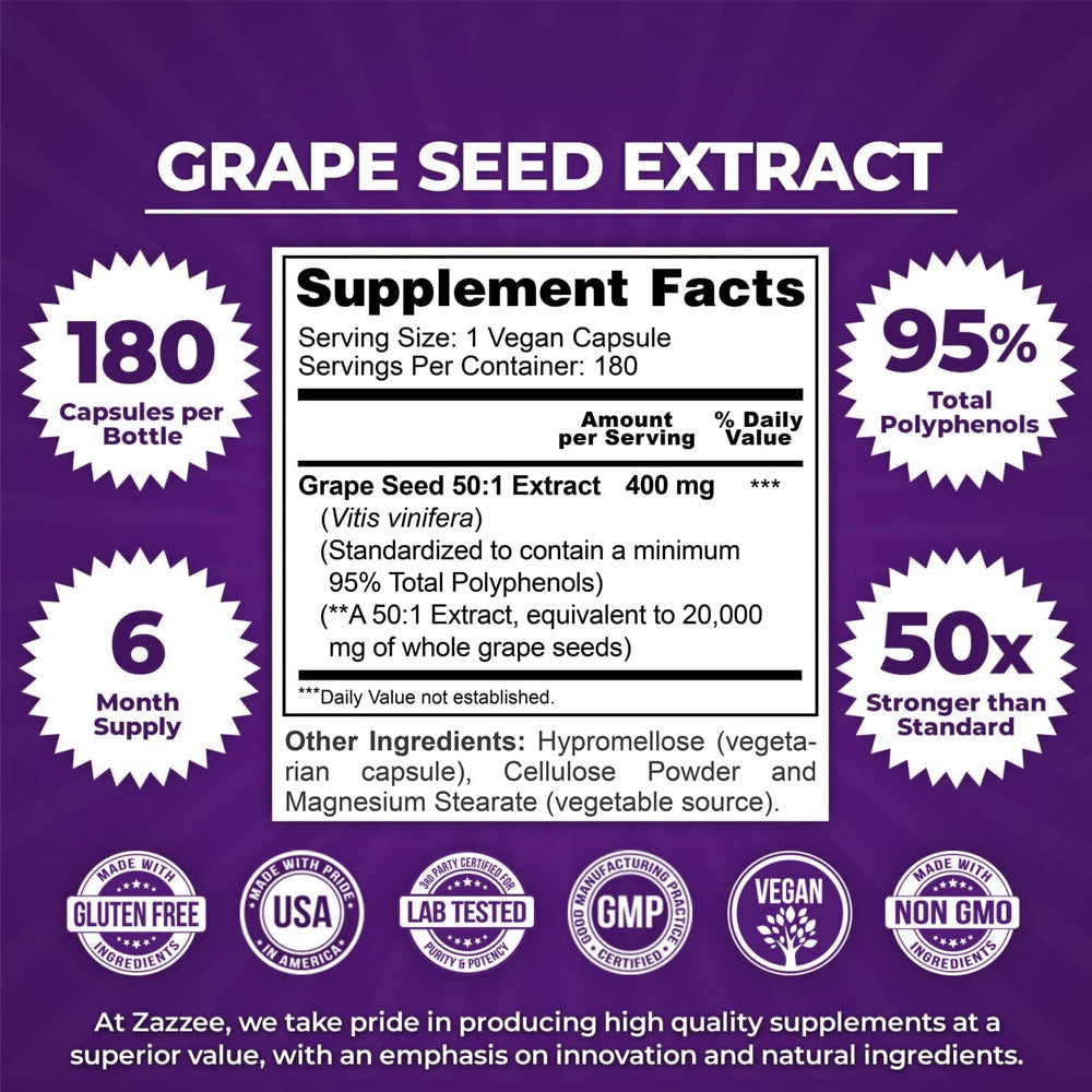 Grape Seed Extract Capsules, 95% Polyphenol Standardized, Super Concentrated 50:1 Extract for Antioxidant & Immune Support, Herbal Supplement, OEM/ODM