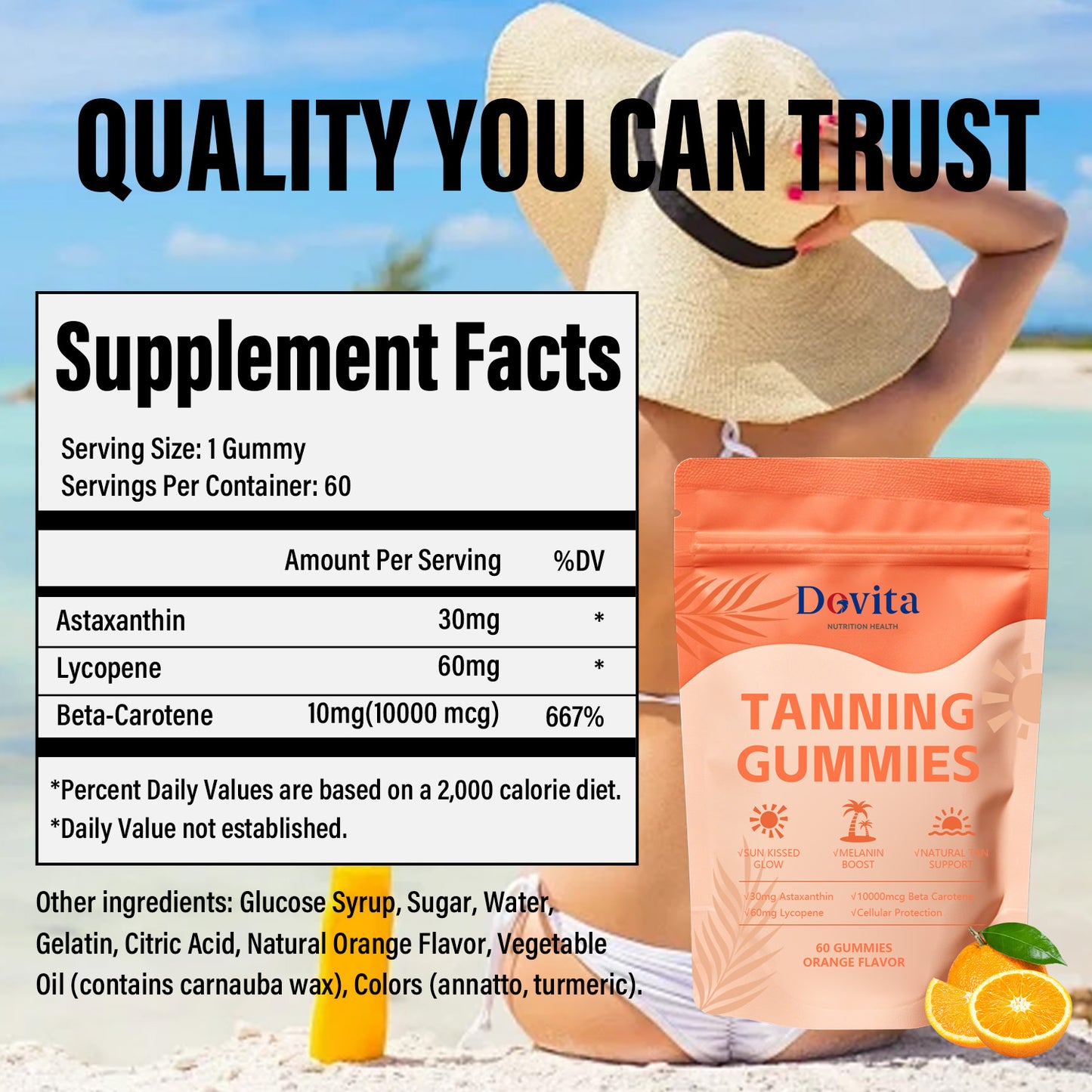 Self Tanning Gummies for Natural Bronze Glow & Sunless Tan Support, Beta Carotene, Lycopene & Astaxanthin, Skin Radiance & Beauty Enhancement, Sugar-Free Night Beauty Supplement, Fast-Acting Formula, OEM/ODM