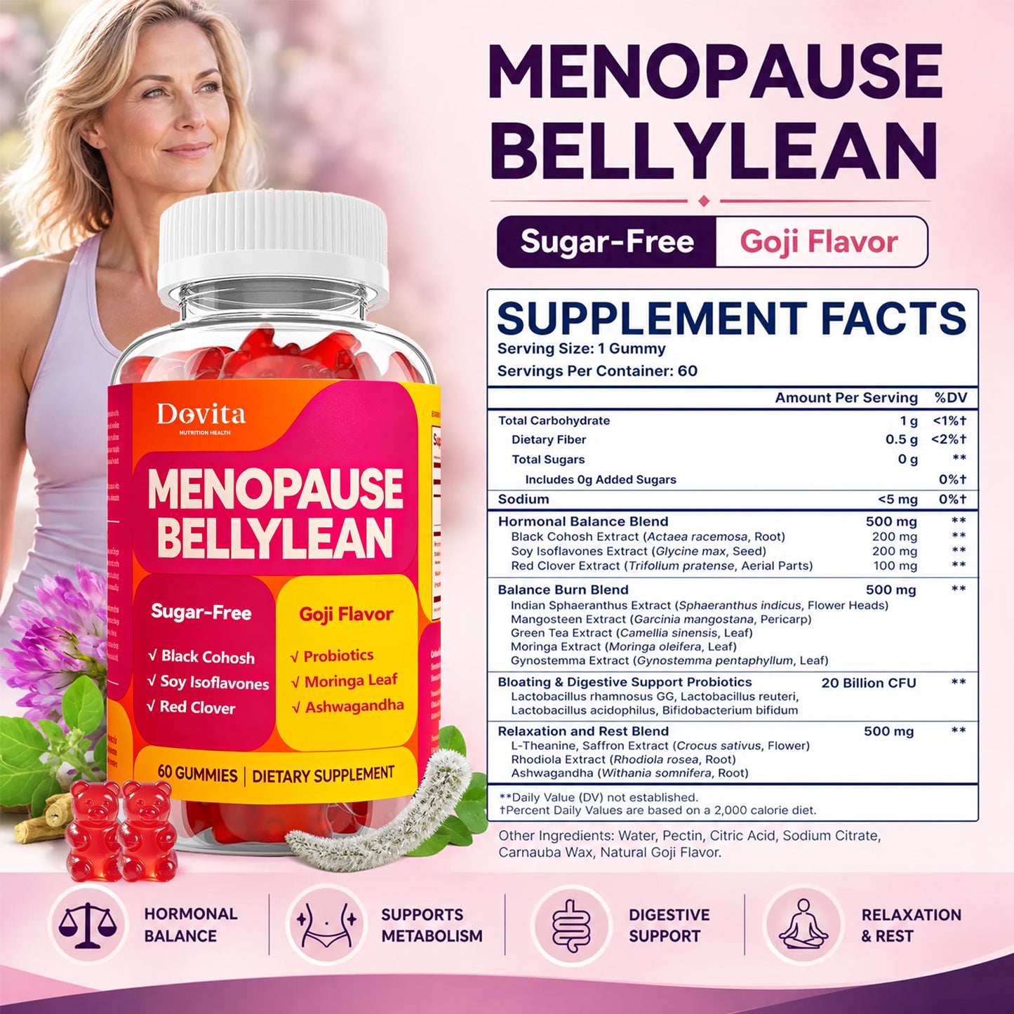 Menopause Support Gummies for Women’s Hormonal Balance & Belly Wellness, Black Cohosh, Soy Isoflavones & Ashwagandha, Hot Flash Relief & Mood Support, Sugar-Free Menopause Supplement, Goji Flavor, OEM/ODM