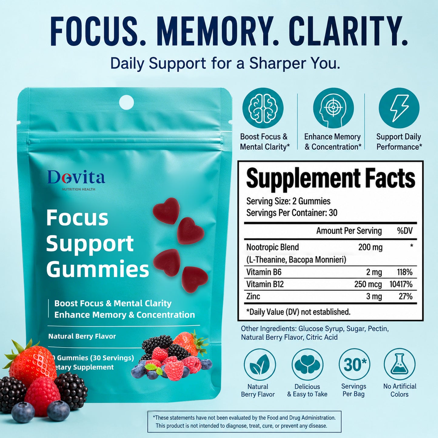 Focus Support Gummies for Brain Health & Mental Clarity, Lion’s Mane, Ginkgo & Bacopa, Memory & Concentration Enhancement, Sugar-Free Nootropic Supplement, Natural Berry Flavor, OEM/ODM