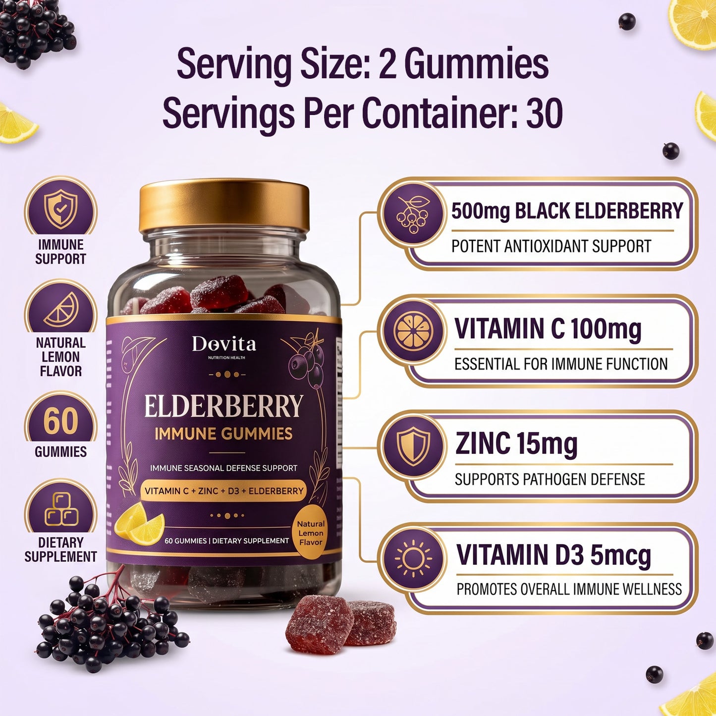Elderberry Gummies for Immune Seasonal Defense Support, Vitamin C + Zinc + D3 + Elderberry Extract, Antioxidant & Respiratory Health, Sugar-Free Immune Supplement, Natural Lemon Flavor, OEM/ODM
