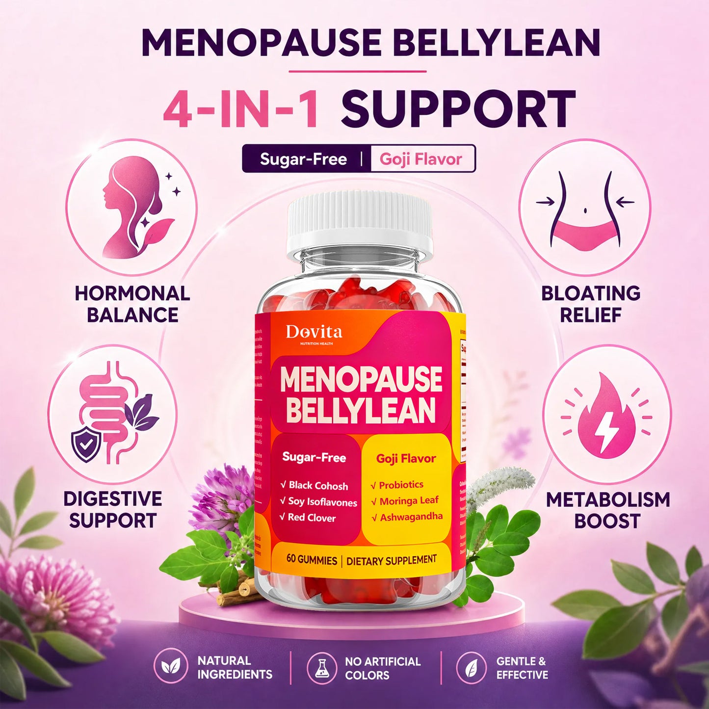 Menopause Support Gummies for Women’s Hormonal Balance & Belly Wellness, Black Cohosh, Soy Isoflavones & Ashwagandha, Hot Flash Relief & Mood Support, Sugar-Free Menopause Supplement, Goji Flavor, OEM/ODM