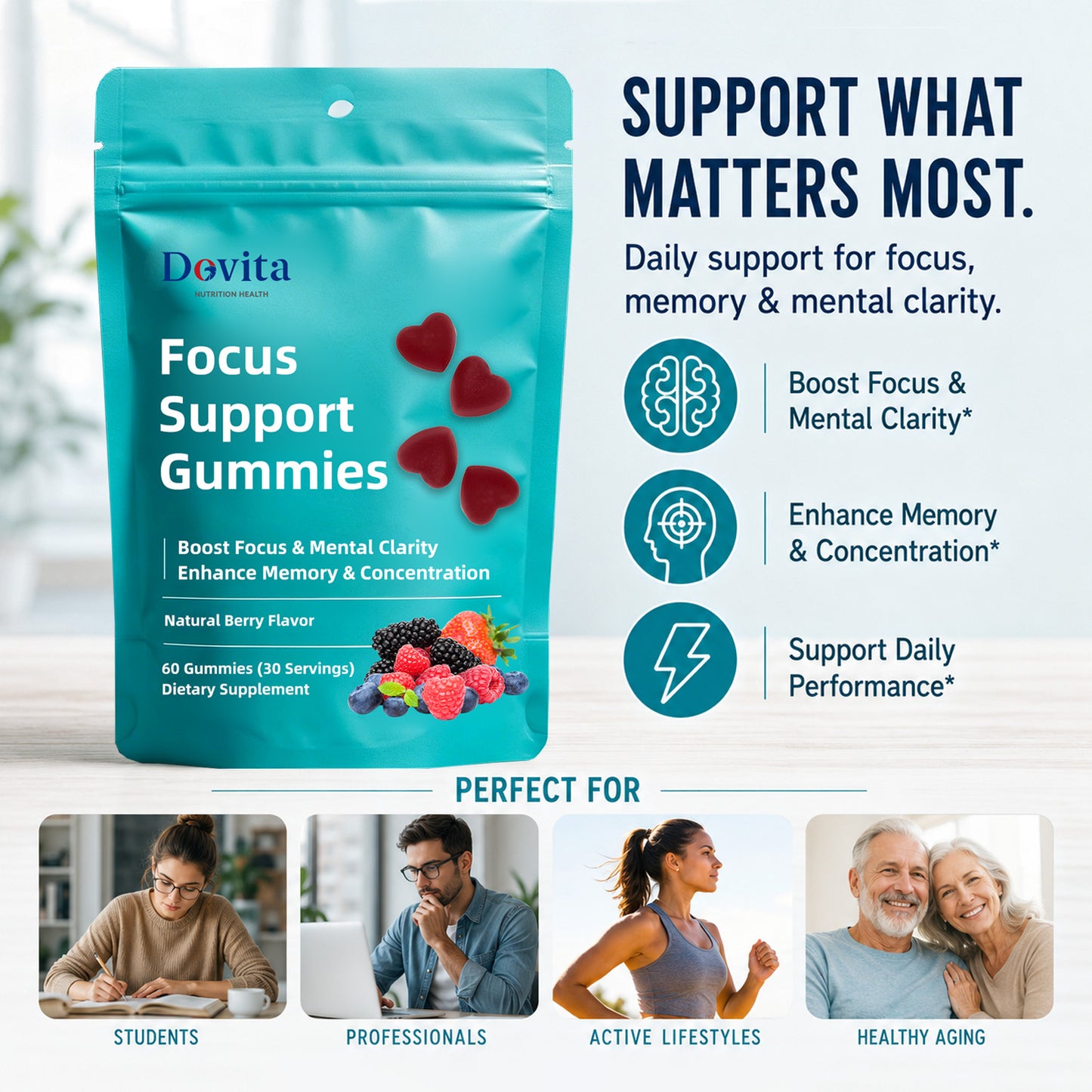 Focus Support Gummies for Brain Health & Mental Clarity, Lion’s Mane, Ginkgo & Bacopa, Memory & Concentration Enhancement, Sugar-Free Nootropic Supplement, Natural Berry Flavor, OEM/ODM
