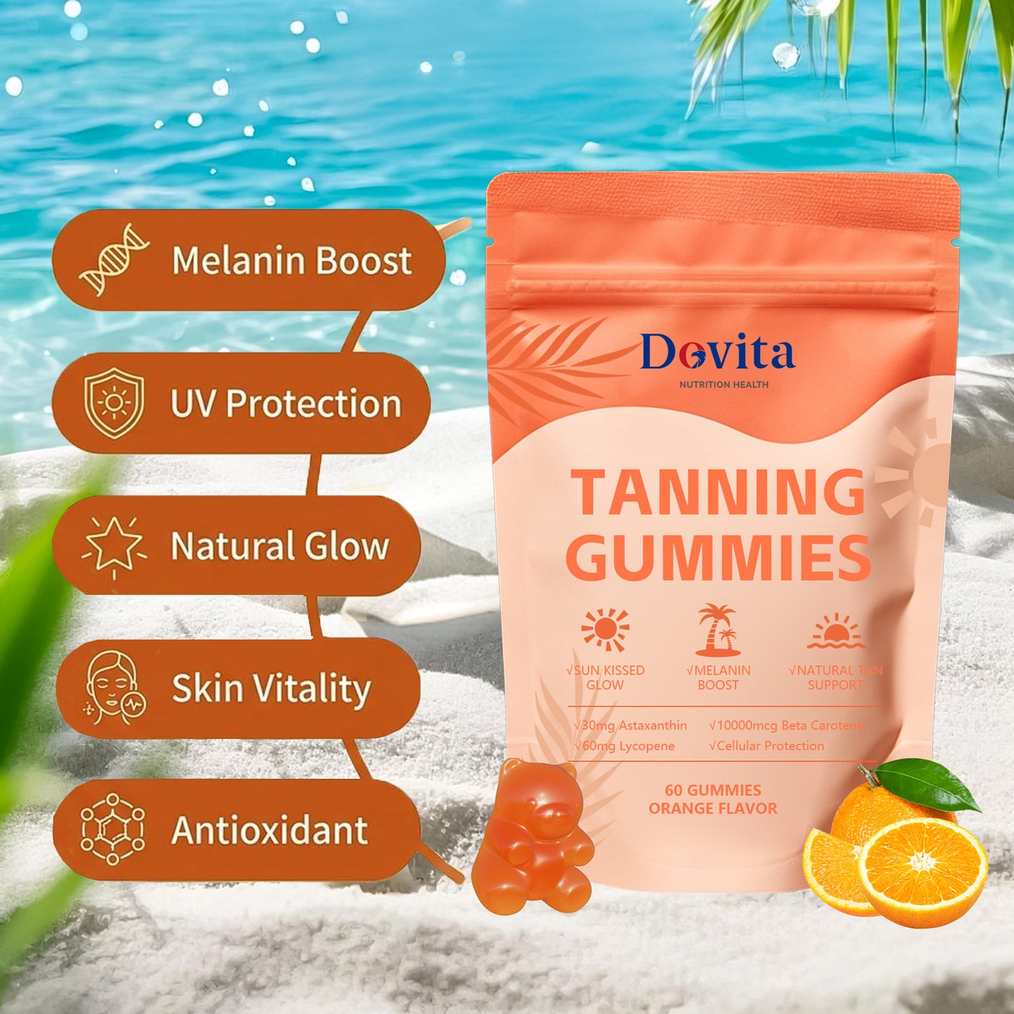 Self Tanning Gummies for Natural Bronze Glow & Sunless Tan Support, Beta Carotene, Lycopene & Astaxanthin, Skin Radiance & Beauty Enhancement, Sugar-Free Night Beauty Supplement, Fast-Acting Formula, OEM/ODM