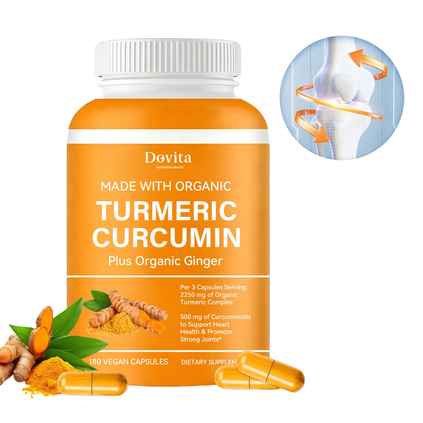 Turmeric Curcumin Capsules, Organic Extract with Ginger, Super Concentrated for Joint & Heart Support, Herbal Supplement, OEM/ODM