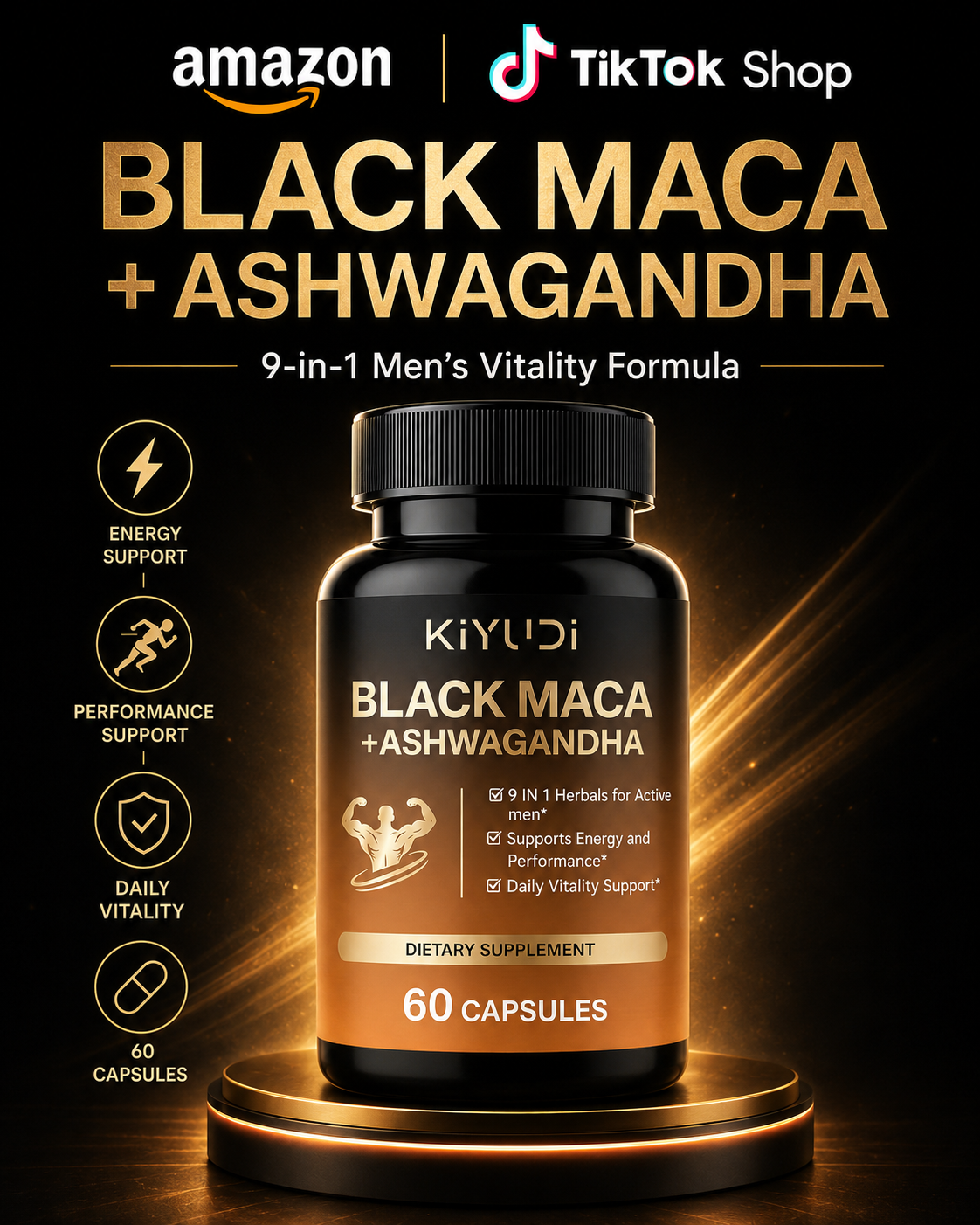 Black Maca + Ashwagandha Capsules for Men’s Vitality & Performance Support, 9-in-1 Herbal Formula, Energy Boost & Stamina Enhancement, Testosterone & Daily Wellness Support, Sugar-Free Men’s Supplement
