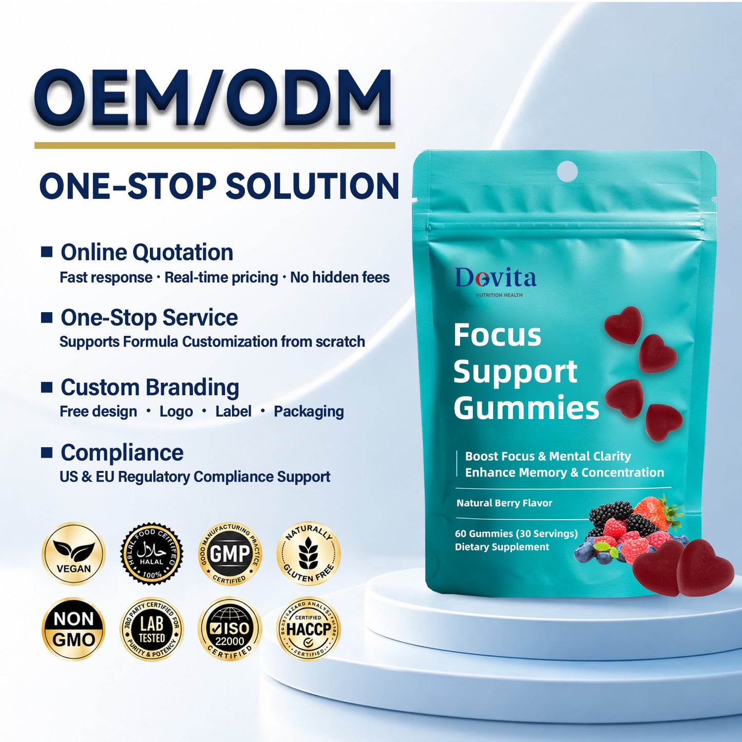 Focus Support Gummies for Brain Health & Mental Clarity, Lion’s Mane, Ginkgo & Bacopa, Memory & Concentration Enhancement, Sugar-Free Nootropic Supplement, Natural Berry Flavor, OEM/ODM