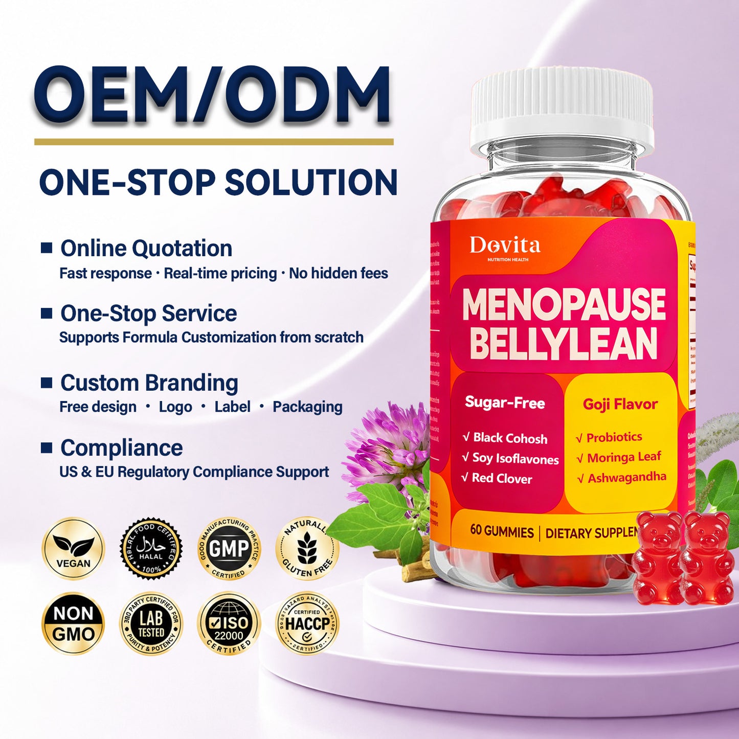 Menopause Support Gummies for Women’s Hormonal Balance & Belly Wellness, Black Cohosh, Soy Isoflavones & Ashwagandha, Hot Flash Relief & Mood Support, Sugar-Free Menopause Supplement, Goji Flavor, OEM/ODM
