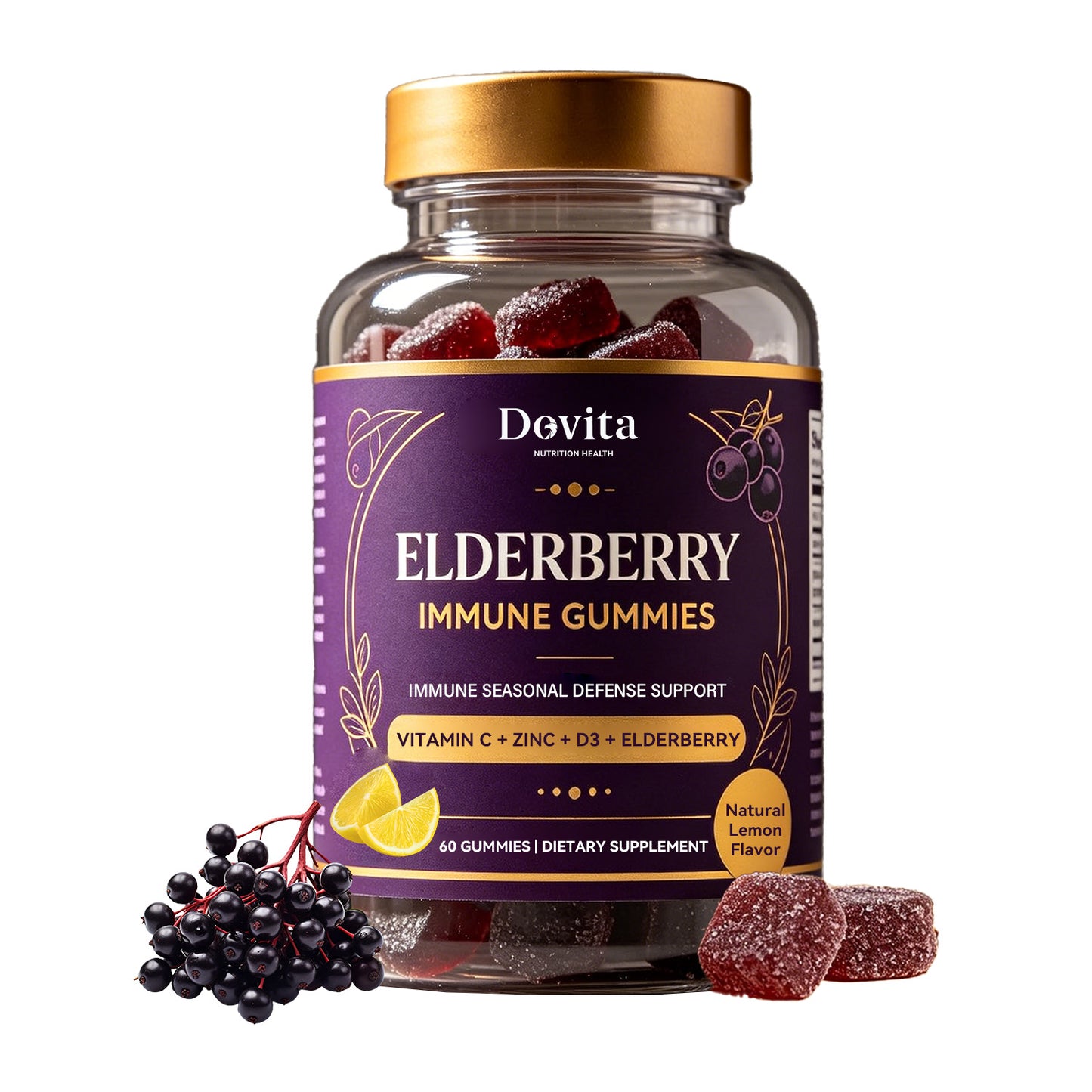 Elderberry Gummies for Immune Seasonal Defense Support, Vitamin C + Zinc + D3 + Elderberry Extract, Antioxidant & Respiratory Health, Sugar-Free Immune Supplement, Natural Lemon Flavor, OEM/ODM