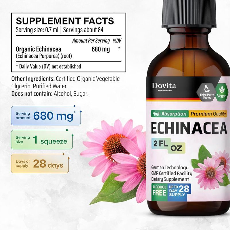 Echinacea Tincture for Natural Immune Support Vegan Echinacea Purpurea Drops, Alcohol-Free & Sugar-Free OEM/ODM Available